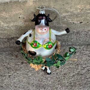 Cow‎ Ornament with Green Bikini Top & Hula Skirt Glass Tropical Christmas